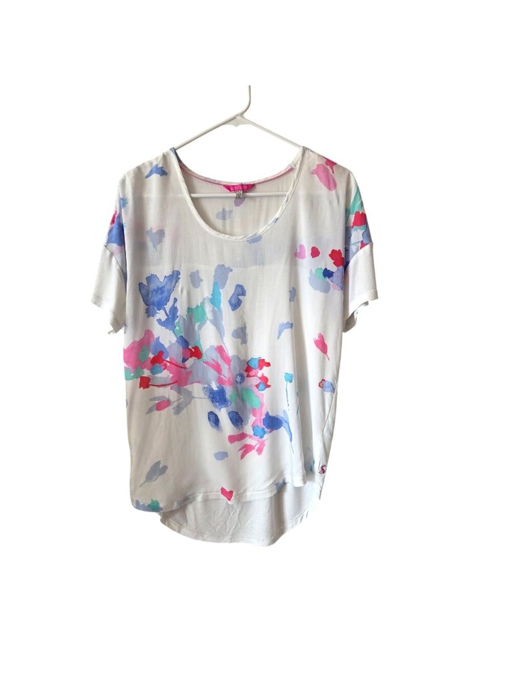 Joules Womens US 6 White Floral Print Short Sleeve Top Lightweight Viscose